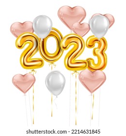 Pink heart balloons Happy New Year 2023, Golden foil numerals, white balloons