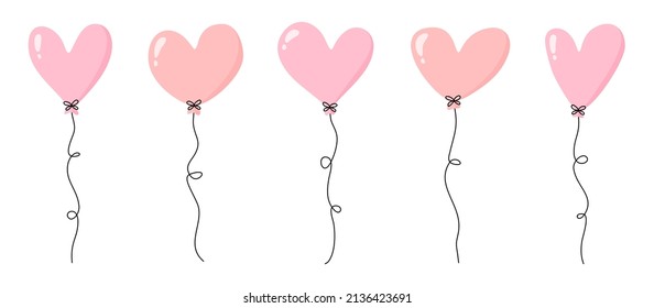 Pink heart balloons set. Heart shaped balloons with ribbon. Hand drawn party decoration. Flat vector elements