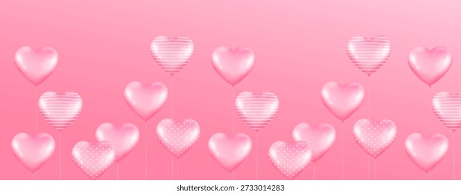 Globos de corazón rosa con varias texturas, incluyendo patrones sólidos, rayados y brillantes, están dispuestos sobre un fondo de gradiente rosa suave, creando un diseño romántico y festivo.