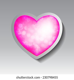 pink heart banner with drop shadows on Defocused Light, Flickering Lights, Vector abstract festive background with bokeh defocused lights. 