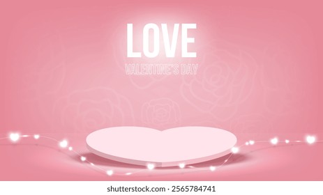 Pink heart base with light decorative on rose pink wall background. Valentine's day background for product display. Vector illustration.