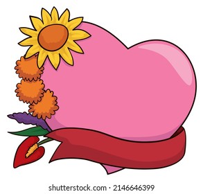 Pink heart beautifully decorated with sunflower, lavender, pompoms, anthurium and ribbon template in cartoon style.