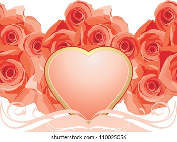 Pink heart with blooming roses. Vector