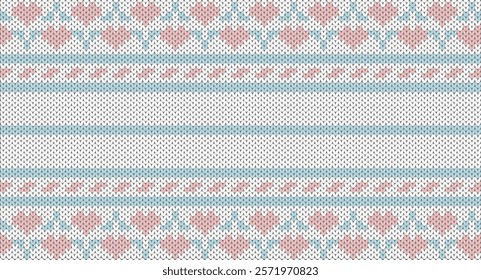 Pink heart and blue line knitted pattern, Festive Sweater Design. Seamless Knitted Pattern