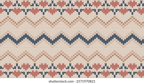 Pink heart and blue zigzag knitted pattern, Festive Sweater Design. Seamless Knitted Pattern