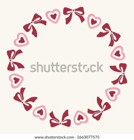 Pink Heart and Bow Circle Frame. Romantic Hand Drawn Border. Whimsical circular wreath for Valentine's Day, love notes, and girlish kawaii design themes. Vector illustration
