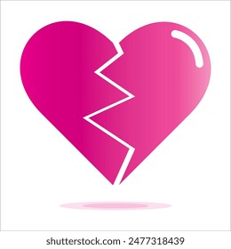 Pink Heart broken to two pieces vector illustration icon or logo, broken heart concept, breakup or divorce, heartbreak regret, separated couple, tragic love. Broken pink Heart Emoji.