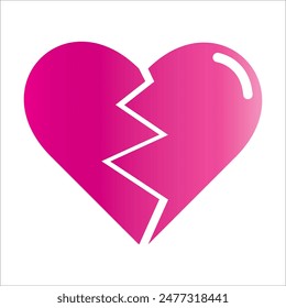 Pink Heart broken to two pieces vector illustration icon or logo, broken heart concept, breakup or divorce, heartbreak regret, separated couple, tragic love. Broken pink Heart Emoji.