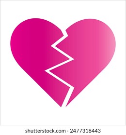 Pink Heart broken to two pieces vector illustration icon or logo, broken heart concept, breakup or divorce, heartbreak regret, separated couple, tragic love. Broken pink Heart Emoji.