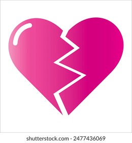 Pink Heart broken to two pieces vector illustration icon or logo, broken heart concept, breakup or divorce, heartbreak regret, separated couple, tragic love. Broken pink Heart Emoji.