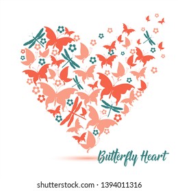 Pink heart, butterflies, valentine card vector illustration