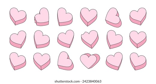 Pink heart candy cartoon illustration set. Cute love hearts collection. Valentine's day holiday doodle bundle, romantic design on isolated background. Pastel color sweet dessert food.