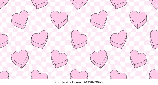 Pink heart candy seamless pattern illustration. Cute love hearts checkered background print. Valentine's day holiday backdrop texture, romantic wedding design. Wavy checker board grid texture.