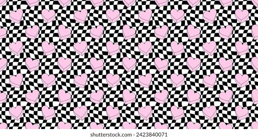 Pink heart candy seamless pattern illustration. Cute love hearts checkered background print. Valentine's day holiday backdrop texture, romantic wedding design. Wavy checker board grid texture.