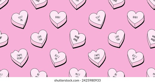 Pink heart candy seamless pattern illustration. Cute love quote hearts background print. Valentine's day holiday backdrop texture, romantic wedding design. Pastel color sweet with funny message.