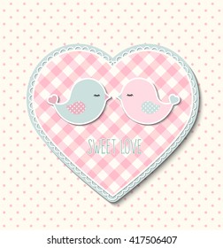 Pink heart with canvas texture and two cute birds on polka dot beige background, farmhouse motive, vector illustration, eps 10 with transparency