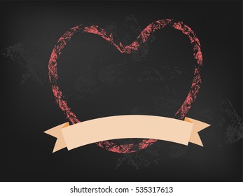 Pink heart chalk sketch and label on black board. Isolated, valenetine's day sign, love symbol on blank background. Vector illustration design.