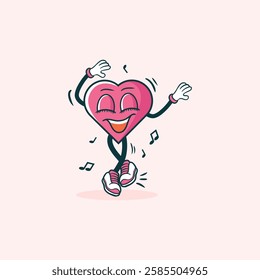 A pink heart character with arms and legs joyfully dances to music in a cheerful illustration.