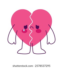 A pink heart character broken into two pieces in kawaii cartoon style