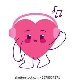 A pink heart character with musical notes in kawaii cartoon style illustration