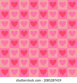 Pink heart check seamless repeat pattern. Fun, romantic vector love sign all over surface print.