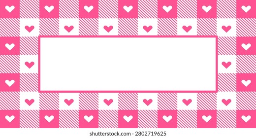 Pink heart checkered frame with striped pattern and blank copy space, romantic Valentine template background for cards, banners, invitations, social media, and posters.