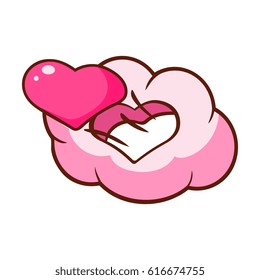 Pink heart and cloud in the shape of heart. Colorful cartoon illustration