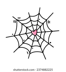 Pink heart in cobweb. Love Trap. Spooky Halloween Spiderweb for party decoration. Isolated object on white background, clipart. Vector illustration.