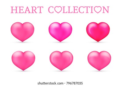 Pink heart collections. Set of six realistic hearts isolated on white background. 3d icons. Valentines day vector illustration. Easy to edit design template for your artworks.