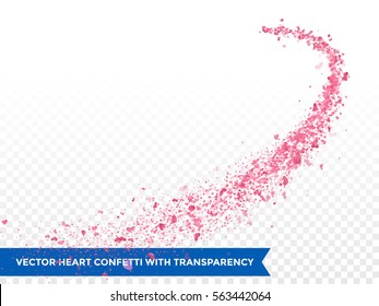 Pink Heart confetti glitter trail. Vector love comet on transparent background