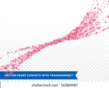 Pink Heart confetti glitter trail. Vector love comet on transparent background.