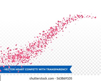 Pink Heart confetti glitter trail. Vector love comet on transparent background.