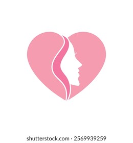 Pink heart contains womans profile beautiful hair flowing.