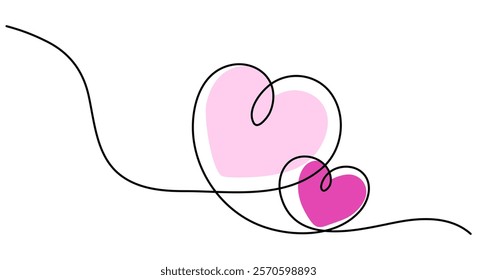 Pink heart continuous one line drawing isolated on transparent background. Doodle love sign. Editable stroke. Vector illustration