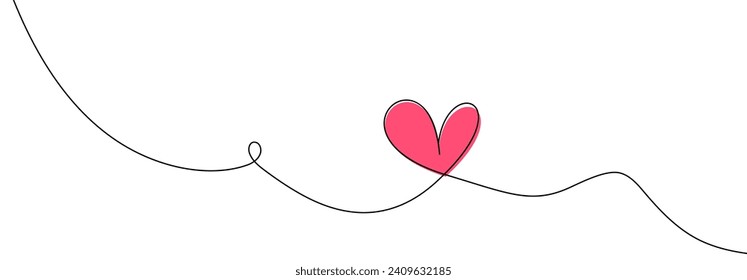 Pink heart continuous wavy line art drawing on white background. Happy Valentine's day header or banner or letter template. Vector illustration