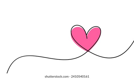 Pink heart continuous wavy line art drawing on white background. Happy Valentine's day header or banner or letter template. Vector illustration