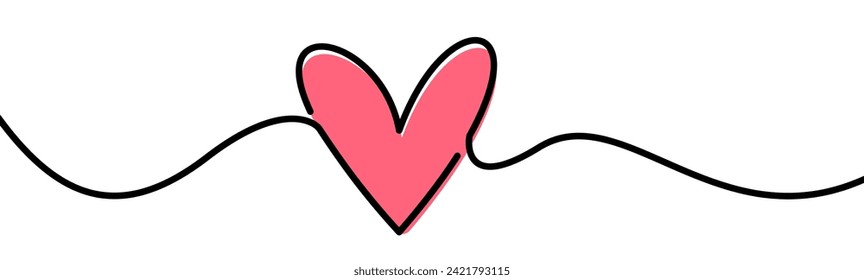 Pink heart continuous wavy line art drawing on white background. Happy Valentine's day header or banner or letter template. Vector illustration
