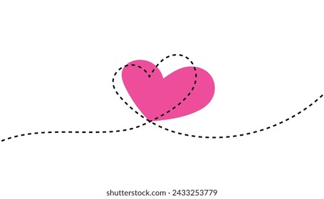 Pink heart continuous wavy line on white background, Pink heart with outline Happy Valentine's day banner, Vector illustration