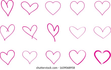 Pink heart contour vector. Hand drawn love icon isolated. Paint brush stroke heart icon. Hand drawn vector for love logo, heart symbol, doodle icon and Valentine's day. Painted grunge vector shape