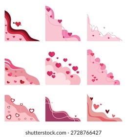 Conjunto de borda de canto de coração rosa. Vetor onda romântica e ângulos de amor para decoração de flyer do dia dos namorados isolado no branco
