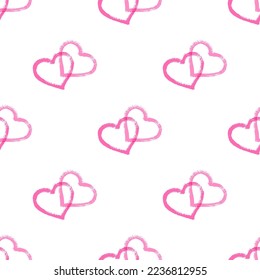 Pink heart couple vector, love relationship symbol, Valentine's Day or wedding holiday wrapping paper design. Paint outline hearts couple. Cute ink painted two hearts joined together seamless print