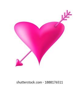 Pink heart with cupid arrow icon. Symbol of love. Valentines day card. Wedding invitation card. 3d heart with arrow icon isolated on white background. Valentine banner. Vector.