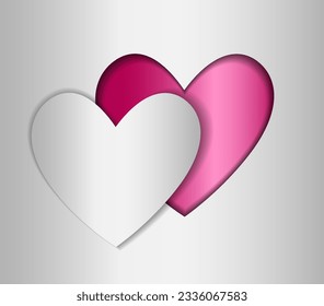 Pink heart cut out of paper, on a silver background, the concept of valentines day, valentines, congratulations, cards, letters, icons