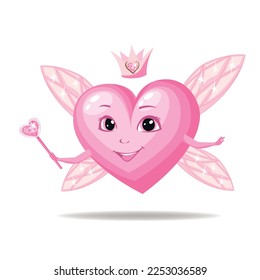 Pink heart with a cute smile in a crown, with wings and a magic wand. Happy Valentine's Day. Vector illustration in cartoon style.