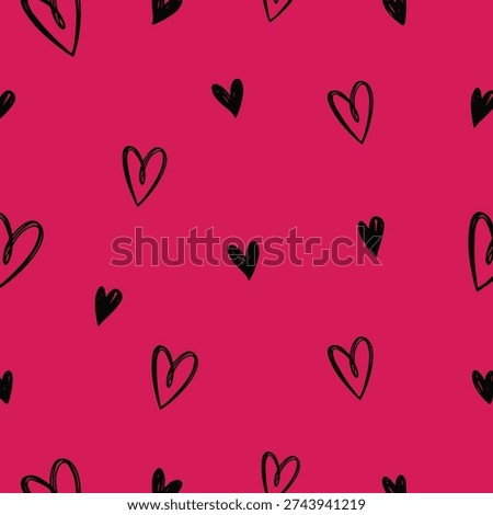 Pink heart doodle pattern. Seamless print of abstract cute hand drawn symbols, romantic holiday decoration. Vector texture.
