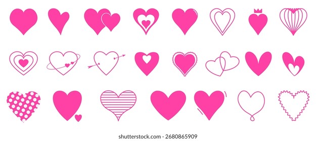 Pink heart doodle heart set. Hand drawn heart element in various shapes. Love collection for romance isolated on white background. Vector illustration