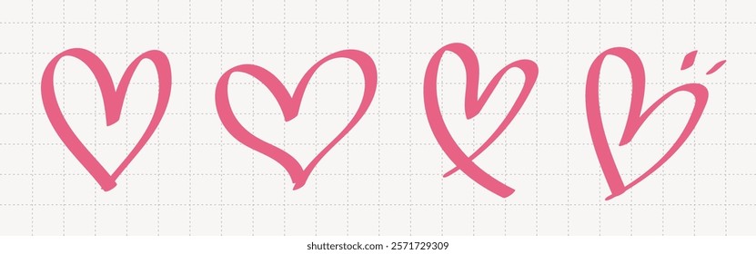 Pink heart doodles on a grid background. Heart shapes vary in style. Pink hearts are simple and playful. Heart designs are casual and artistic. Valentines doodle vector set.