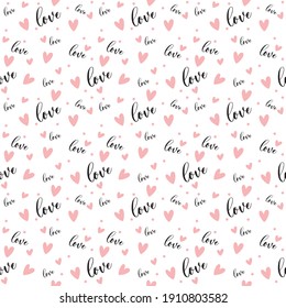 Pink heart, dot, hand write love on a white background. Designed for use as pattern, fabric, gift, banner and more. Vector illustration.