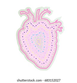 Pink heart with dots pattern, yellow, blue and pink dots. Decor elements for greeting cards, wedding invitations, birthday and other celebrations.