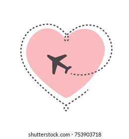 Pink Heart With Dotted Line And Airplane. Love To Travel.